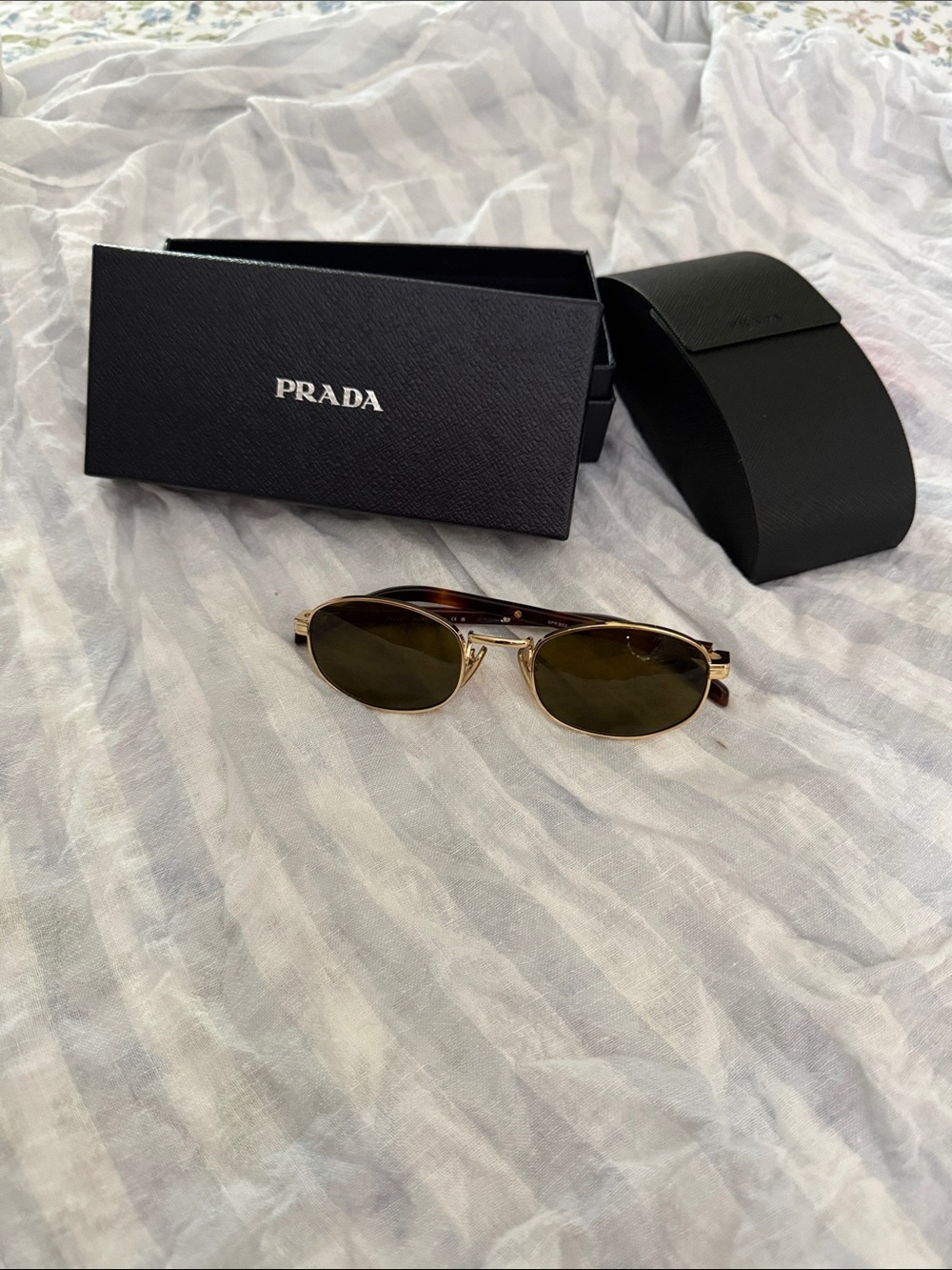 Prada Gold Metal Sunglasses with Tortoiseshell Arms and Green Lenses